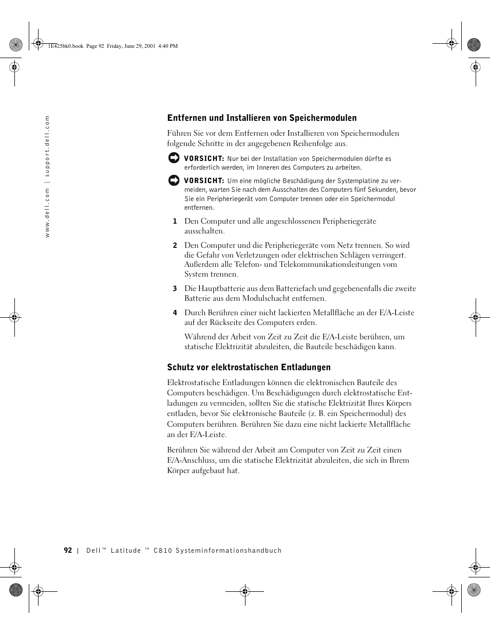 Entfernen und installieren von speichermodulen, Schutz vor elektrostatischen entladungen | Dell Latitude C810 User Manual | Page 94 / 188