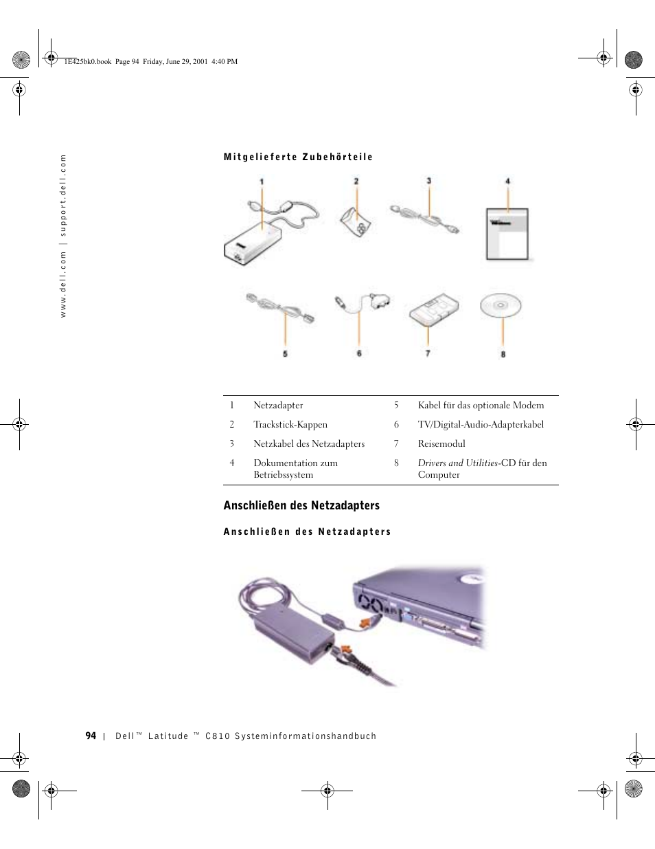 Anschließen des netzadapters | Dell Latitude C810 User Manual | Page 96 / 188