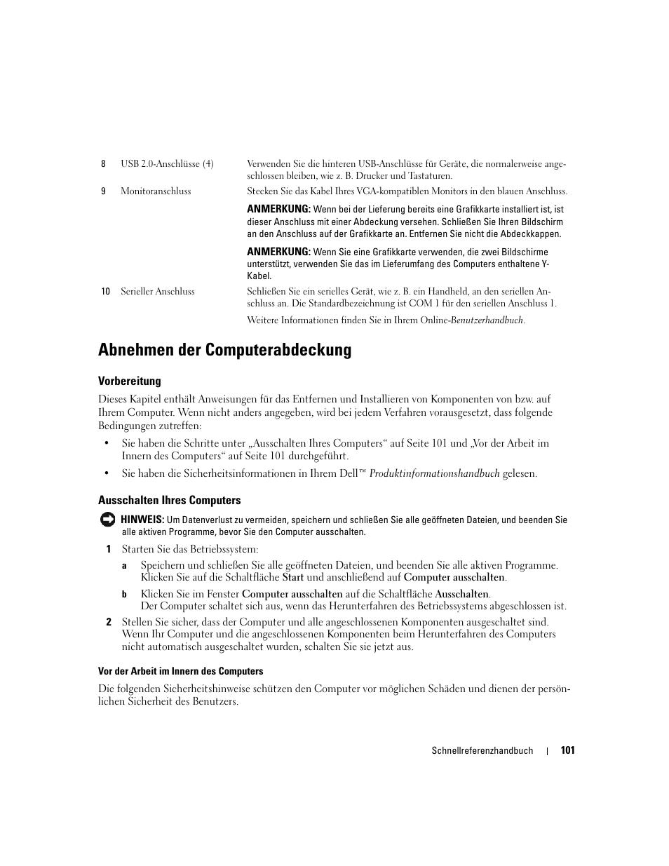 Abnehmen der computerabdeckung, Vorbereitung, Ausschalten ihres computers | Dell OptiPlex 210L User Manual | Page 101 / 258