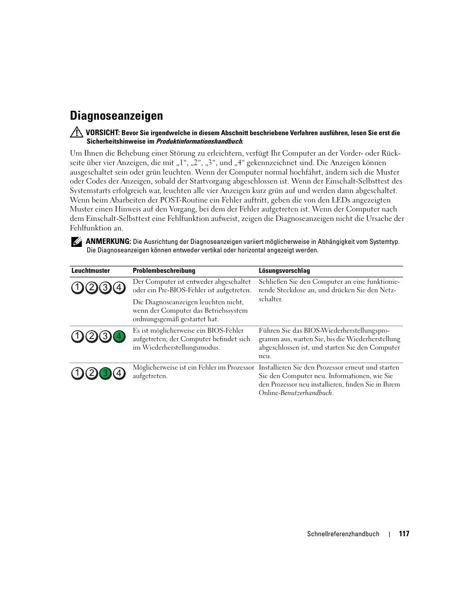 Diagnoseanzeigen, Ehe „diagnoseanzeigen“ auf seite 117, Ehe „diagnoseanzeigen“ auf seite 117; siehe „p | Dell OptiPlex 210L User Manual | Page 117 / 258