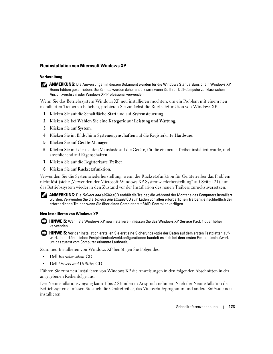 Neuinstallation von microsoft windows xp | Dell OptiPlex 210L User Manual | Page 123 / 258