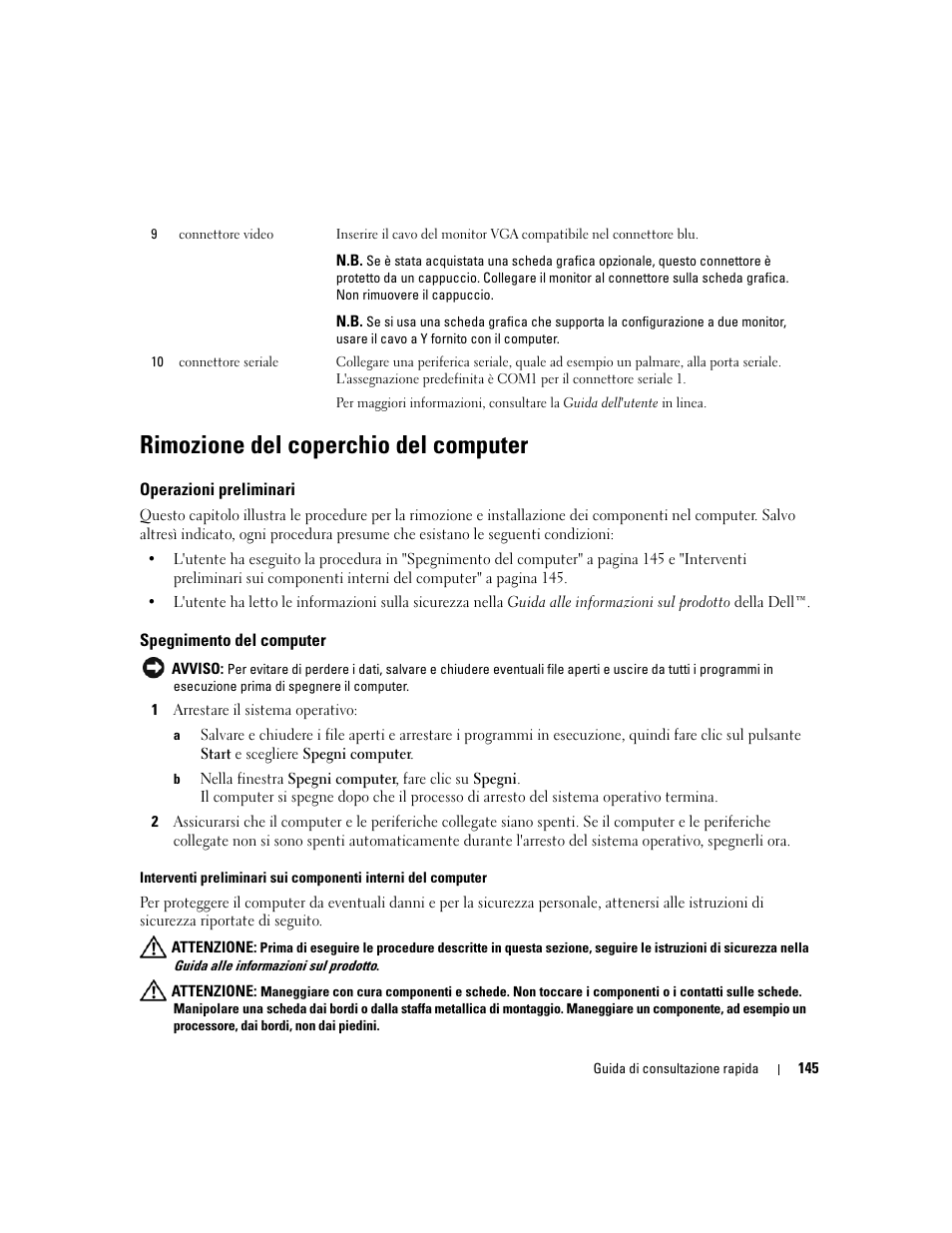 Rimozione del coperchio del computer, Operazioni preliminari, Spegnimento del computer | Dell OptiPlex 210L User Manual | Page 145 / 258