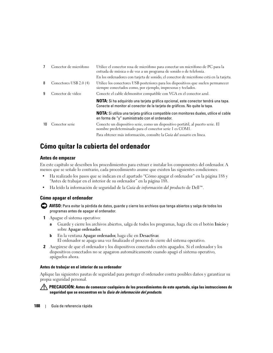 Cómo quitar la cubierta del ordenador, Antes de empezar, Cómo apagar el ordenador | Dell OptiPlex 210L User Manual | Page 188 / 258