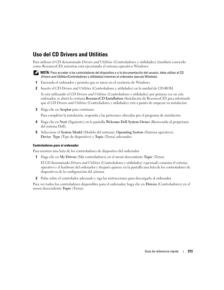 Uso del cd drivers and utilities | Dell OptiPlex 210L User Manual | Page 213 / 258