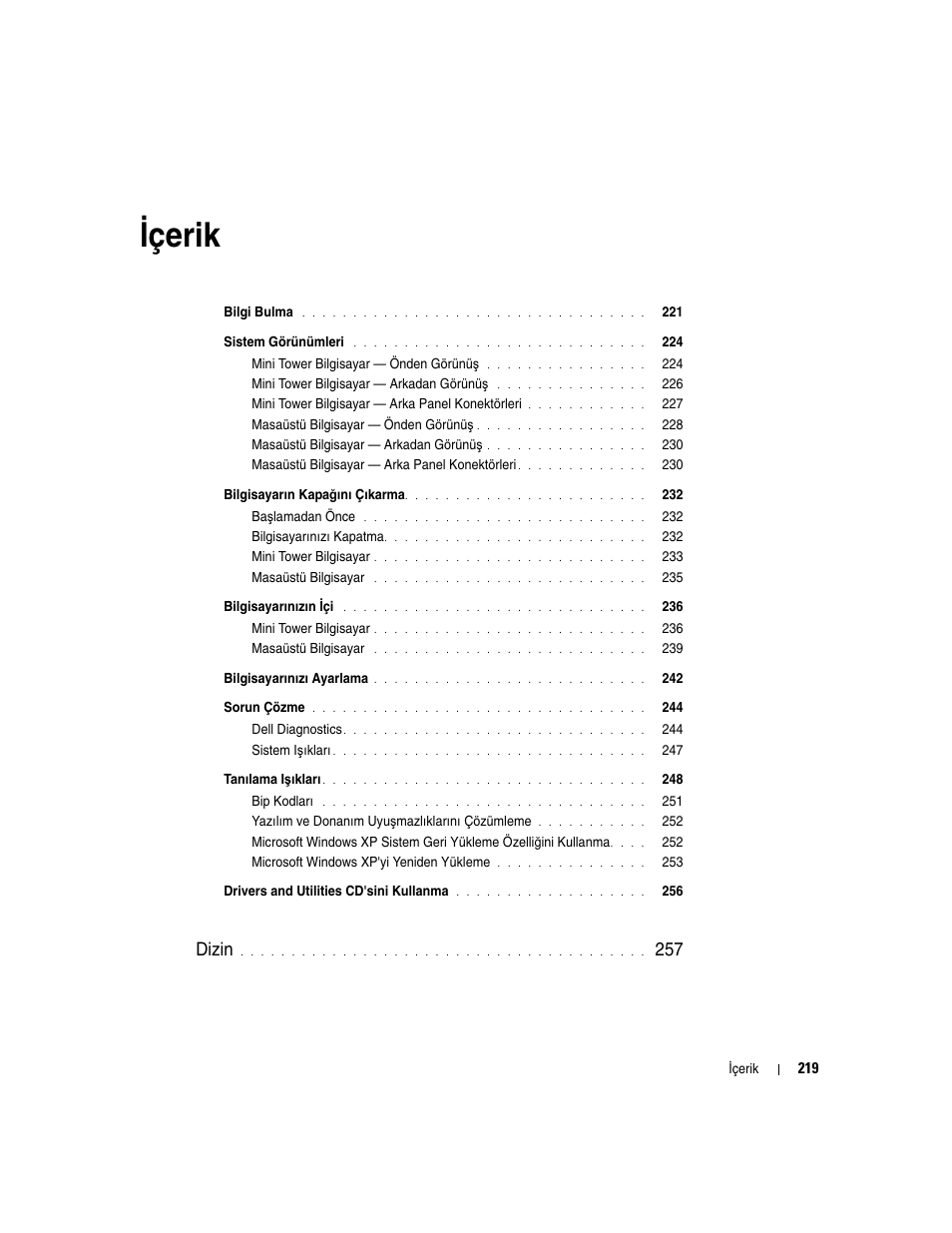 Içerik, I çerik, Dizin | Dell OptiPlex 210L User Manual | Page 219 / 258