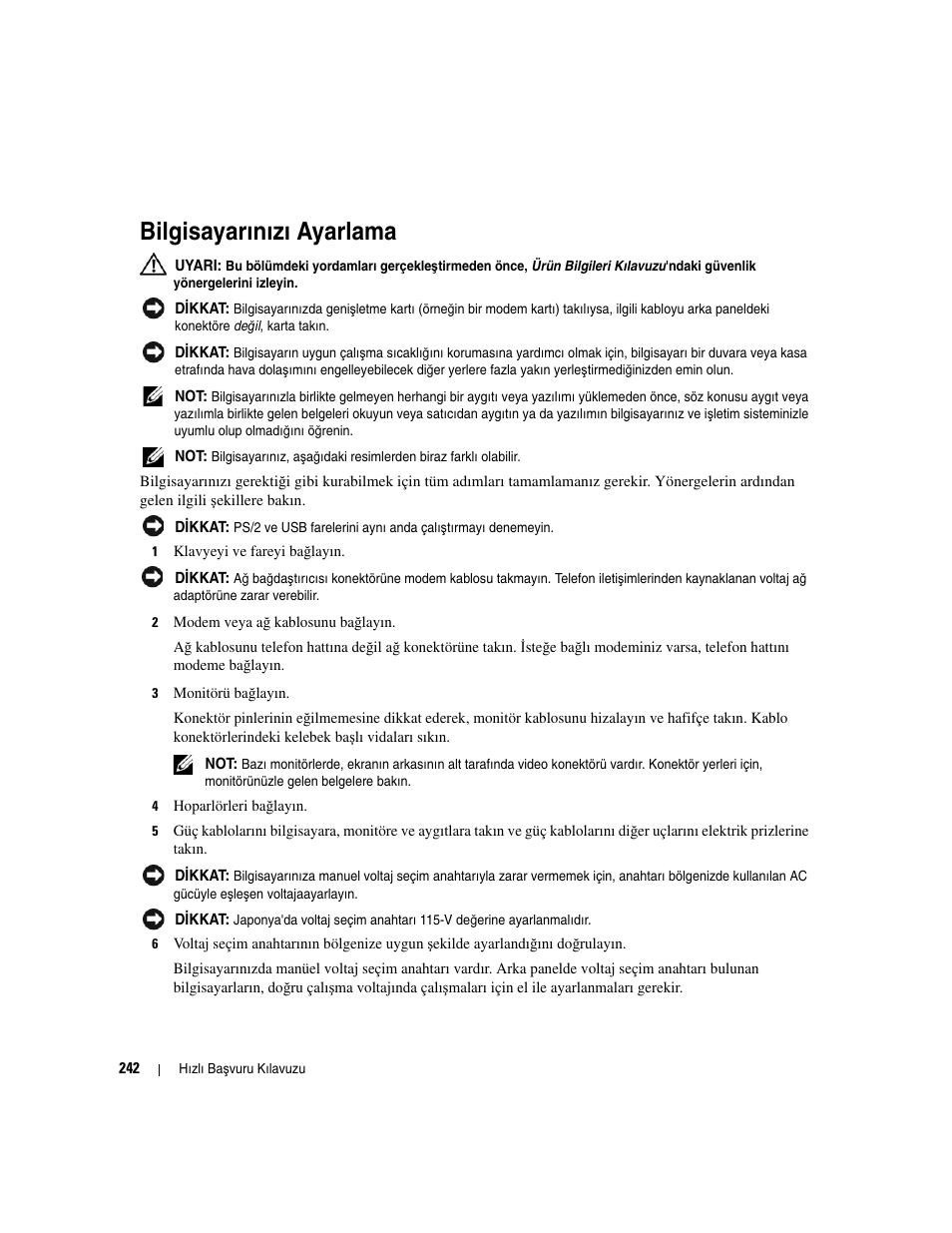 Bilgisayarınızı ayarlama | Dell OptiPlex 210L User Manual | Page 242 / 258