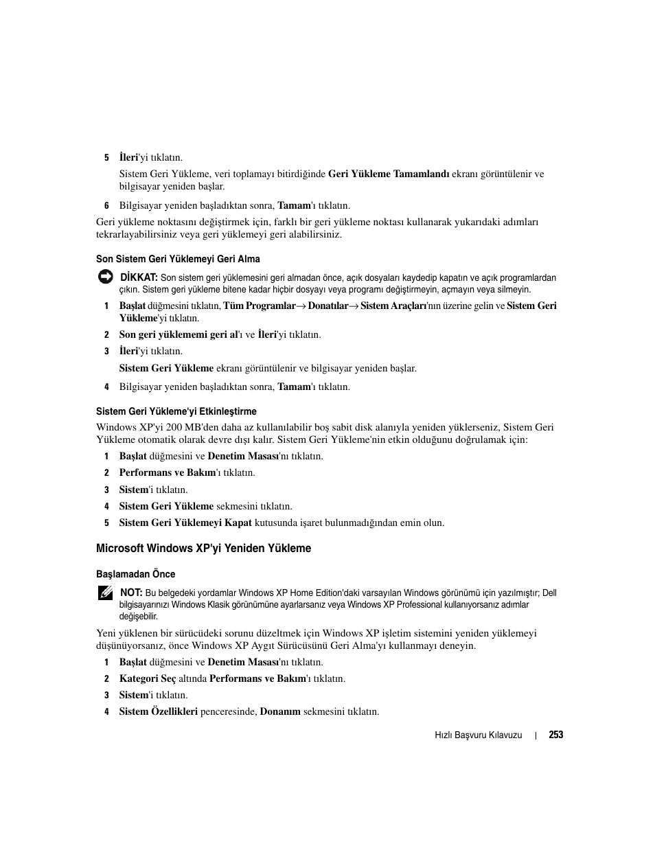 Microsoft windows xp'yi yeniden yükleme | Dell OptiPlex 210L User Manual | Page 253 / 258