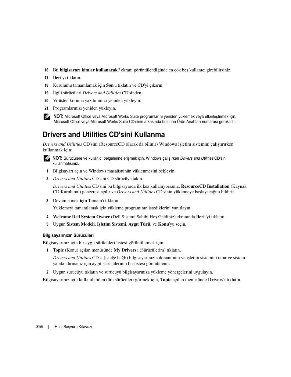 Drivers and utilities cd'sini kullanma | Dell OptiPlex 210L User Manual | Page 256 / 258