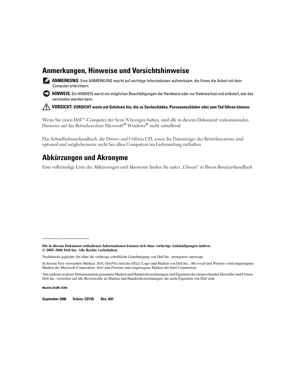 Anmerkungen, hinweise und vorsichtshinweise, Abkürzungen und akronyme | Dell OptiPlex 210L User Manual | Page 86 / 258