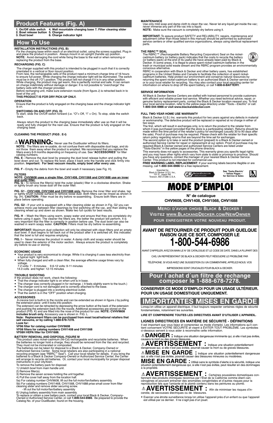 Mode d’emploi, Importantes mises en garde, Warning | Avertissement, How to use product features (fig. a), Danger, Mise en garde | Black & Decker DustBuster CHV1688 User Manual | Page 2 / 5