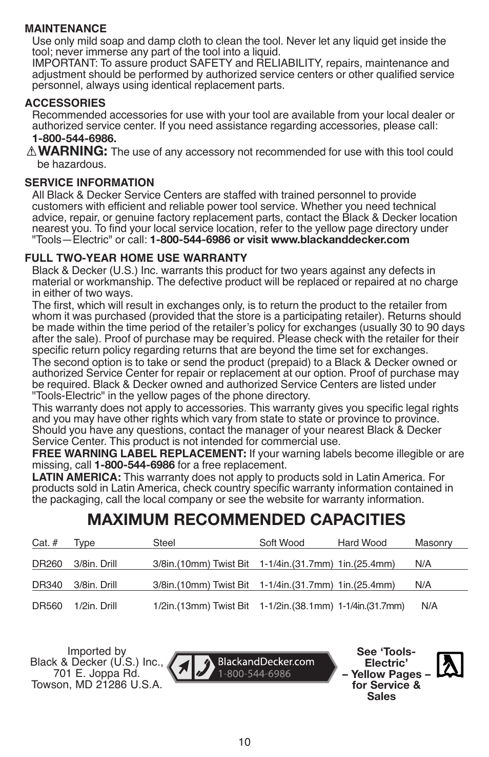 Maximum recommended capacities, Warning | Black & Decker DR260 User Manual | Page 10 / 36