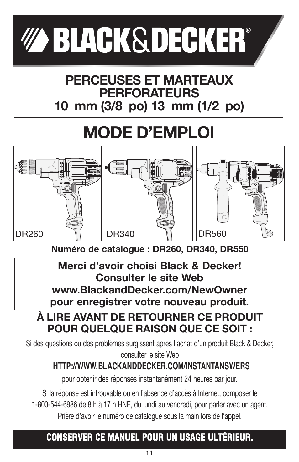 Mode d’emploi | Black & Decker DR260 User Manual | Page 11 / 36