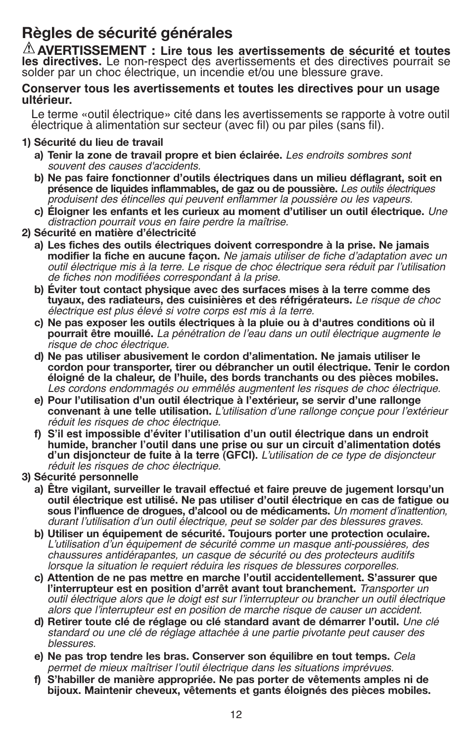 Règles de sécurité générales, Avertissement | Black & Decker DR260 User Manual | Page 12 / 36