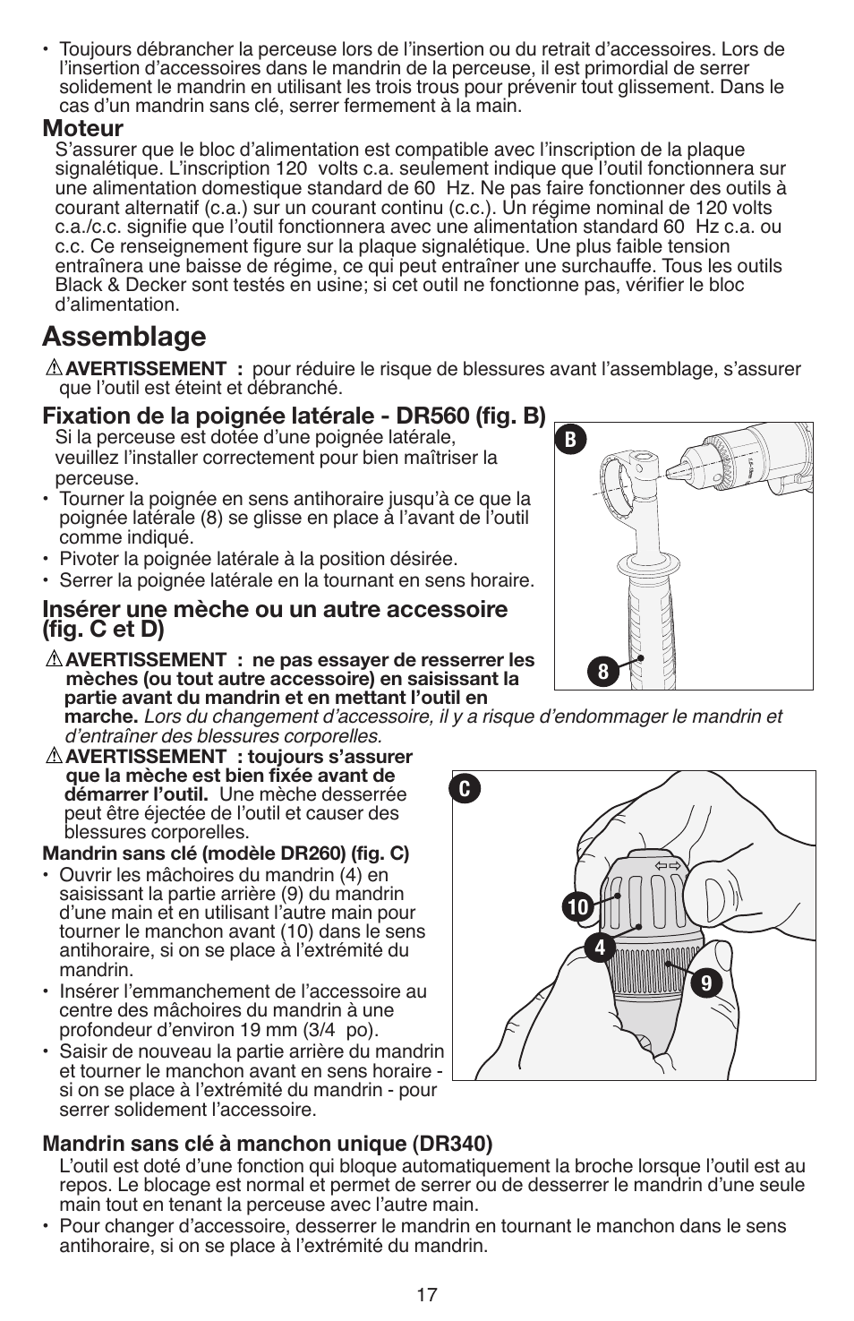 Assemblage, Moteur, Fixation de la poignée latérale - dr560 (fig. b) | Black & Decker DR260 User Manual | Page 17 / 36