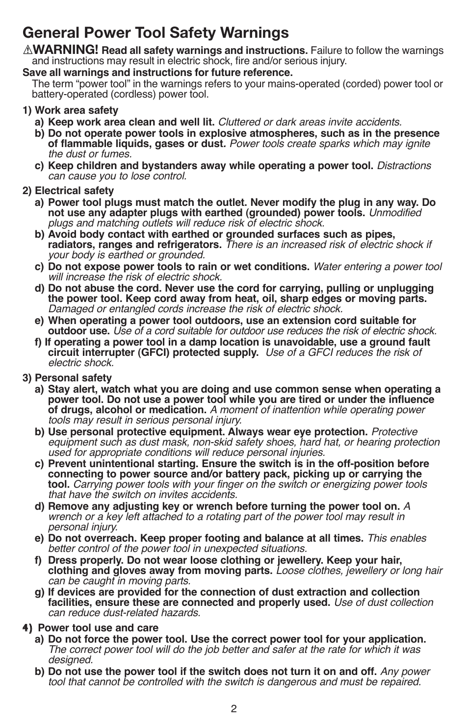 General power tool safety warnings, Warning | Black & Decker DR260 User Manual | Page 2 / 36