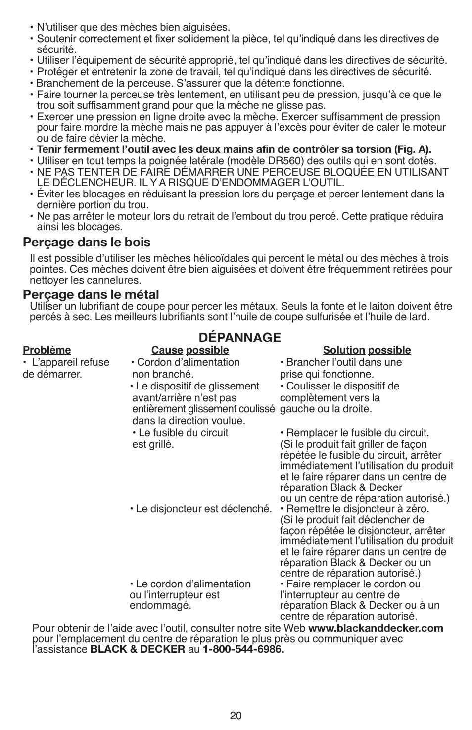 Perçage dans le bois, Perçage dans le métal, Dépannage | Black & Decker DR260 User Manual | Page 20 / 36