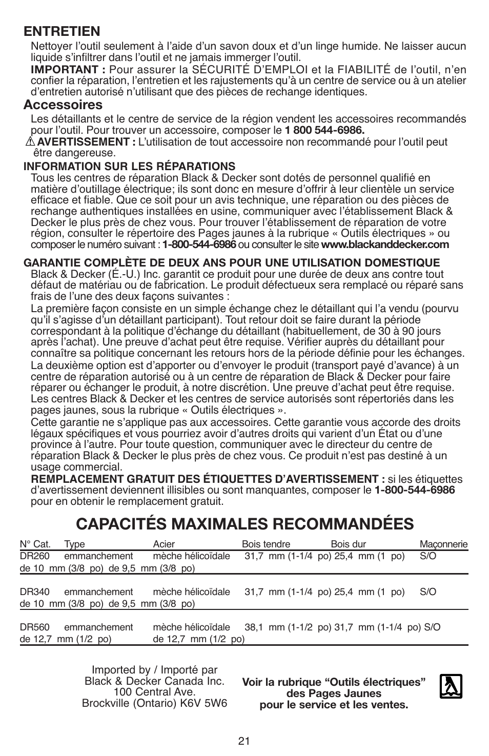 Capacités maximales recommandées, Entretien, Accessoires | Black & Decker DR260 User Manual | Page 21 / 36