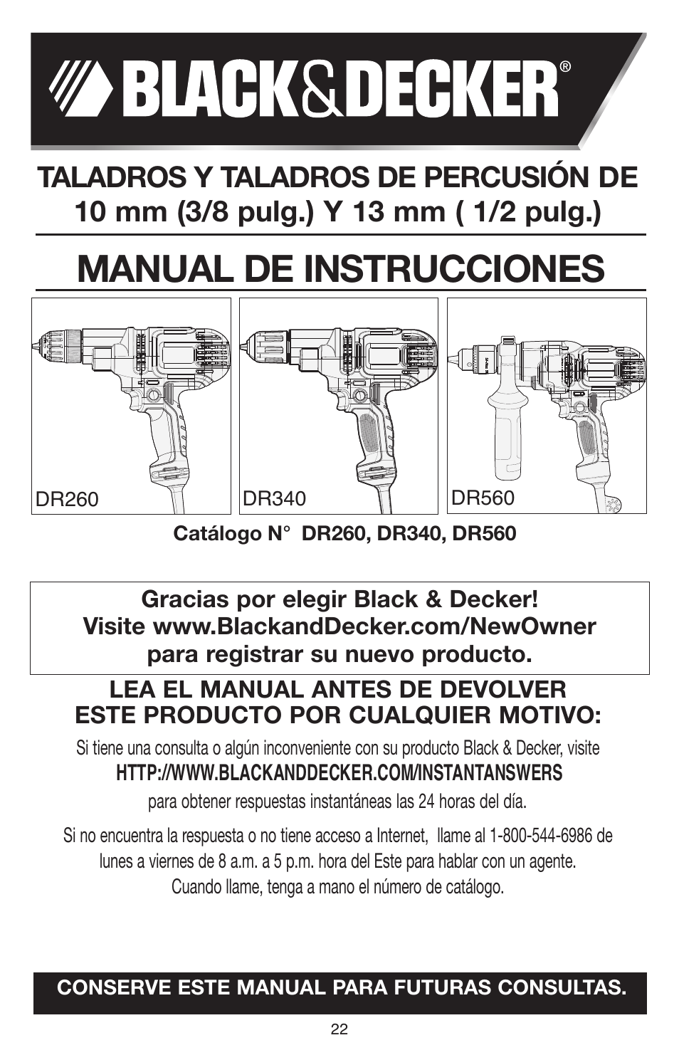 Manual de instrucciones | Black & Decker DR260 User Manual | Page 22 / 36