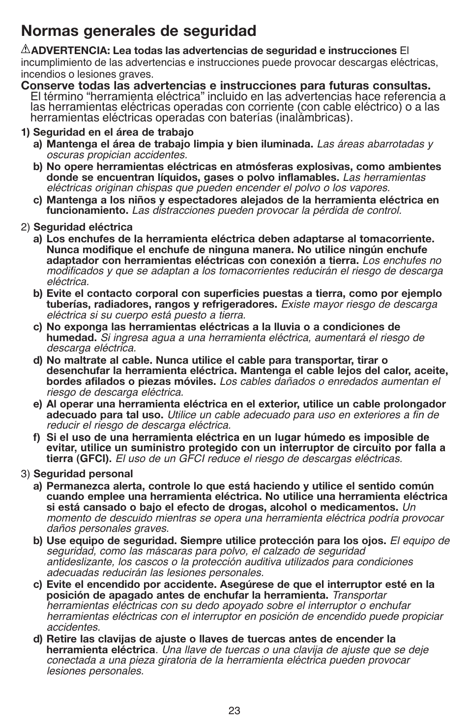 Normas generales de seguridad | Black & Decker DR260 User Manual | Page 23 / 36