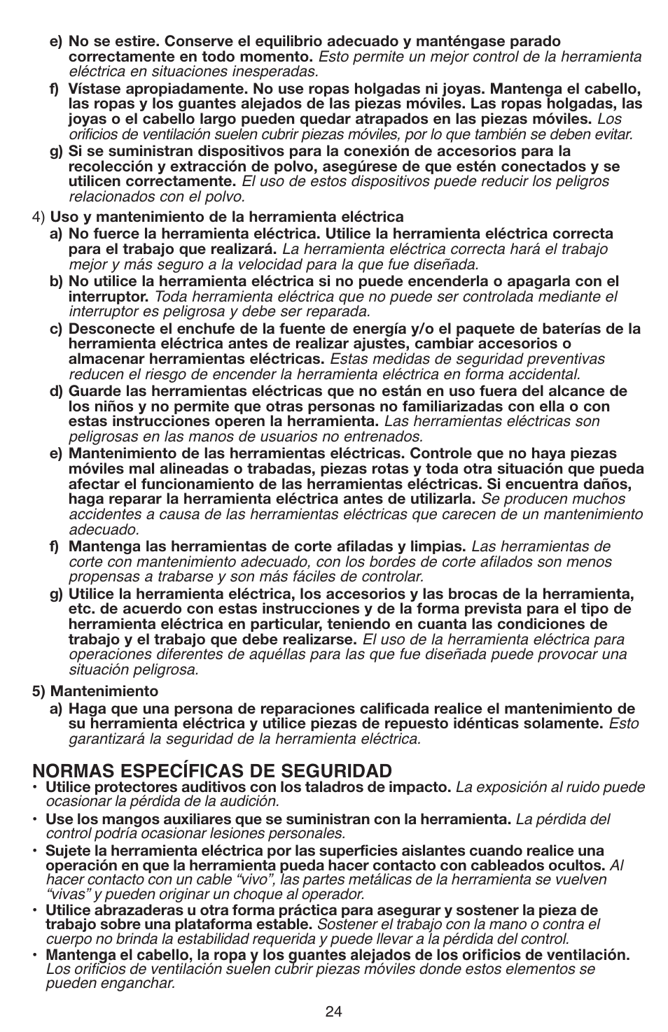 Normas específicas de seguridad | Black & Decker DR260 User Manual | Page 24 / 36