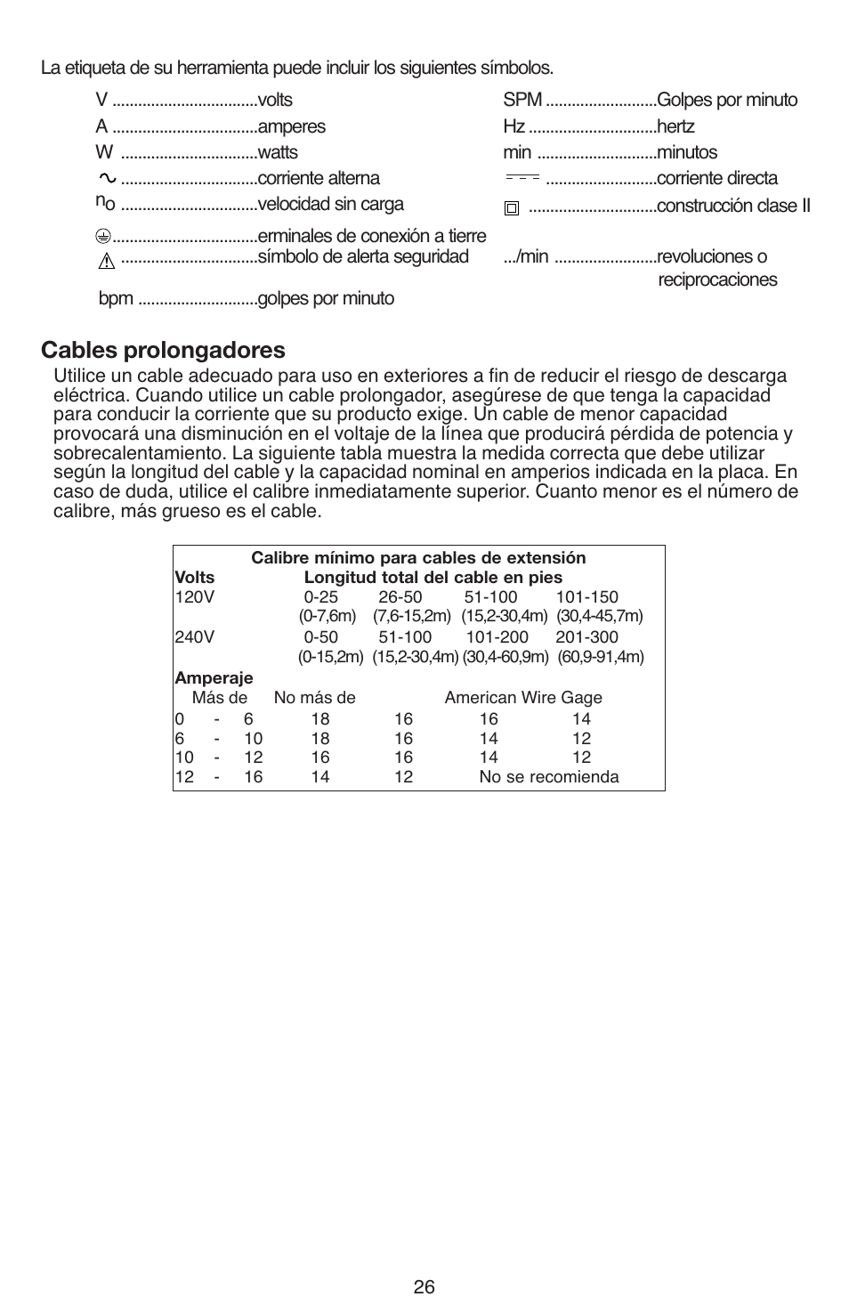 Cables prolongadores | Black & Decker DR260 User Manual | Page 26 / 36