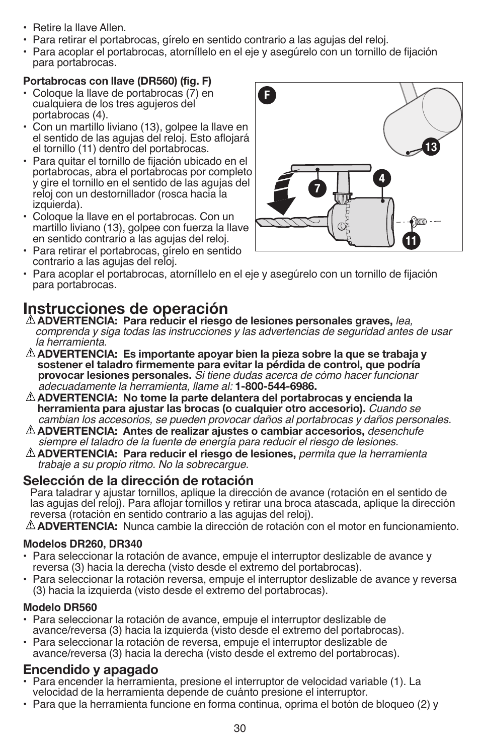 Instrucciones de operación, Selección de la dirección de rotación, Encendido y apagado | Black & Decker DR260 User Manual | Page 30 / 36