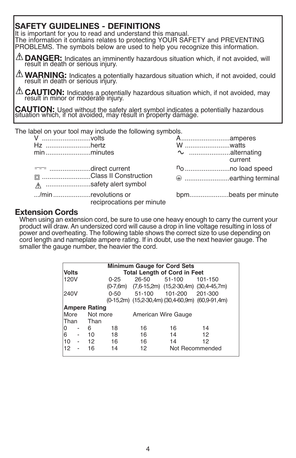 Safety guidelines - definitions, Danger, Warning | Caution, Extension cords | Black & Decker DR260 User Manual | Page 4 / 36