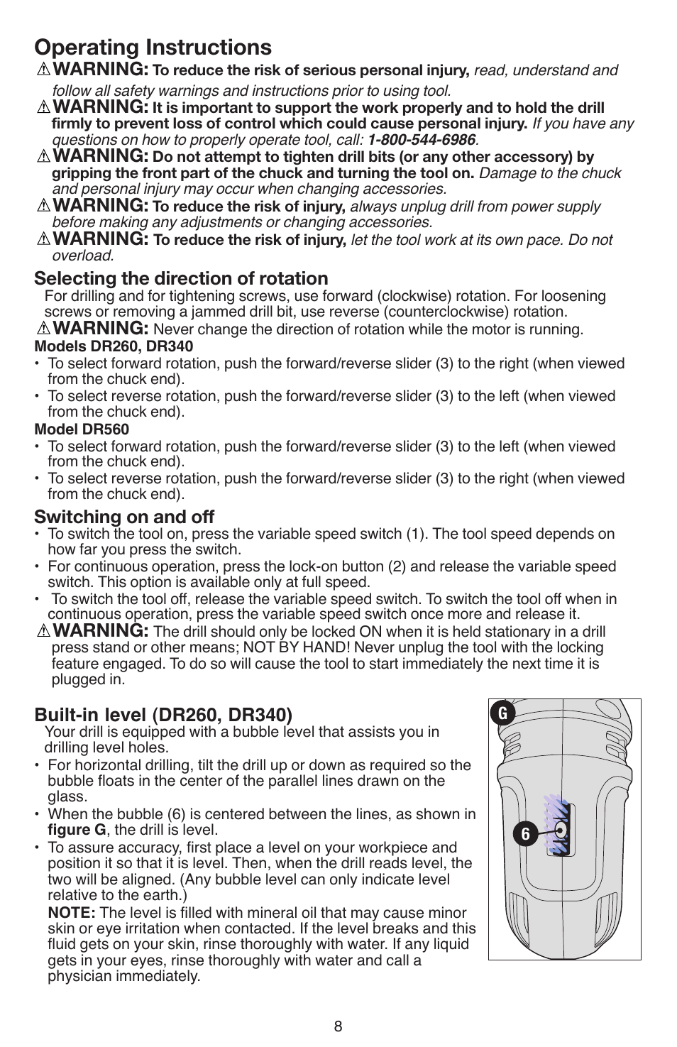 Operating instructions, Warning, Selecting the direction of rotation | Switching on and off | Black & Decker DR260 User Manual | Page 8 / 36