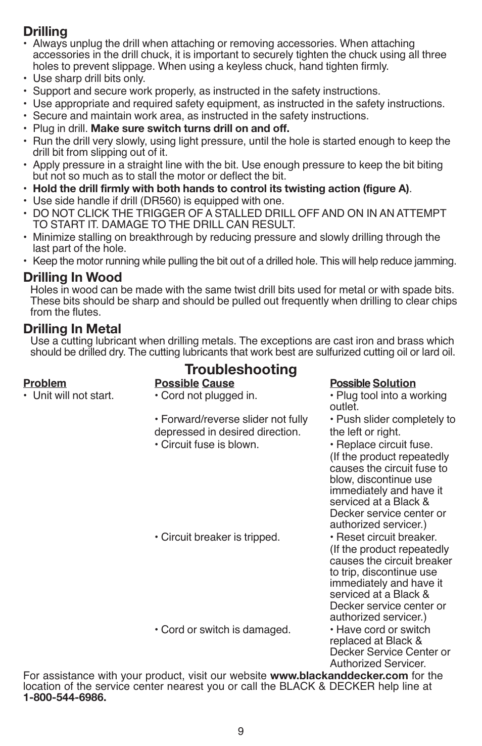 Troubleshooting, Drilling, Drilling in wood | Drilling in metal | Black & Decker DR260 User Manual | Page 9 / 36