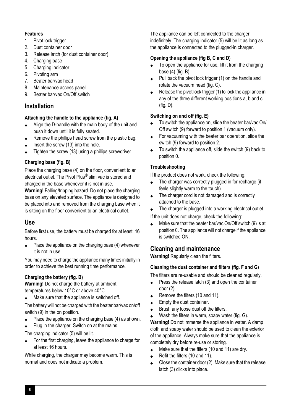 Installation, Cleaning and maintenance | Black & Decker FV1805N User Manual | Page 6 / 12