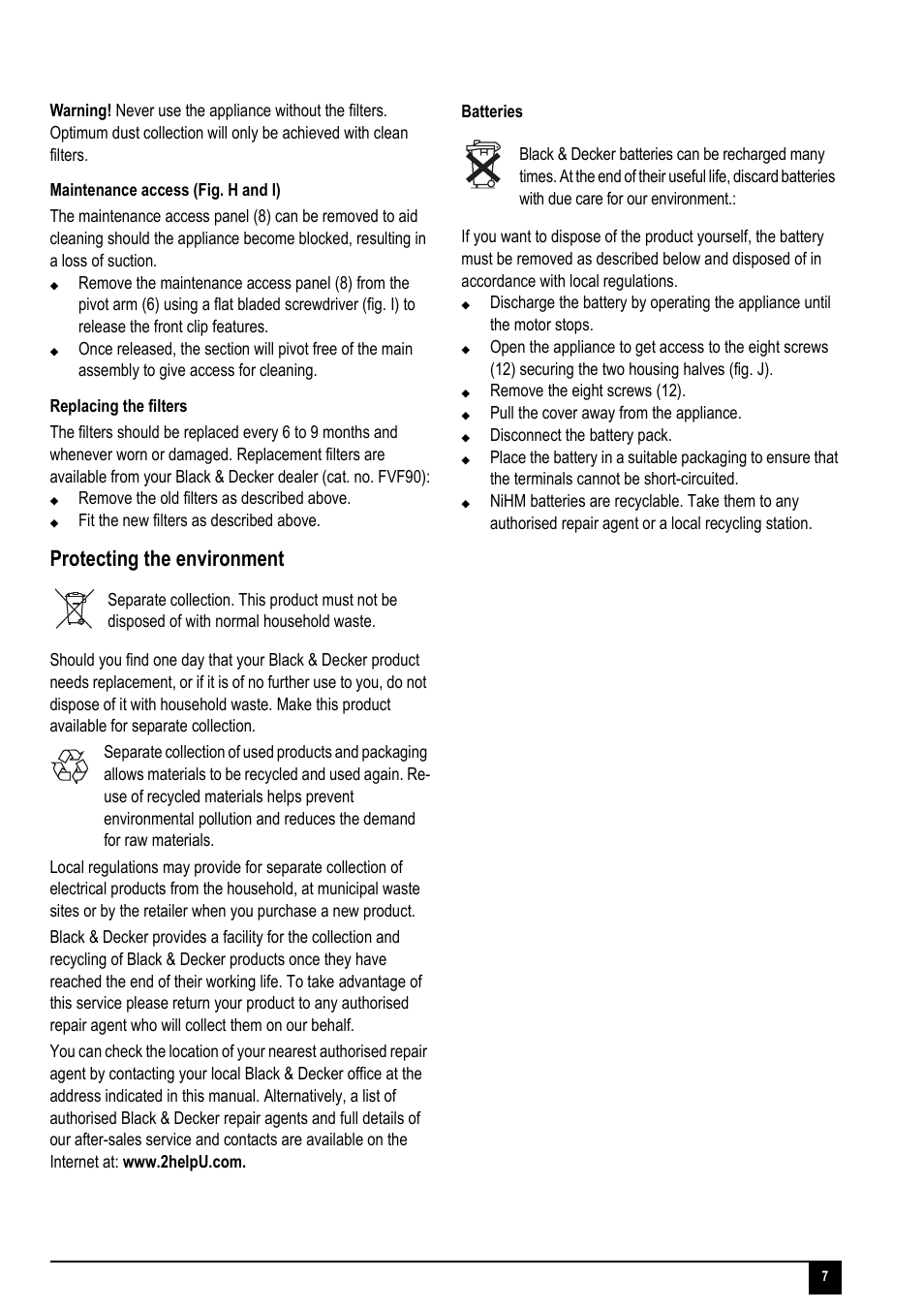 Protecting the environment | Black & Decker FV1805N User Manual | Page 7 / 12
