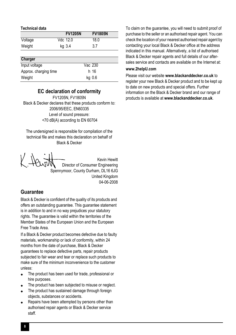 Ec declaration of conformity, Guarantee | Black & Decker FV1805N User Manual | Page 8 / 12