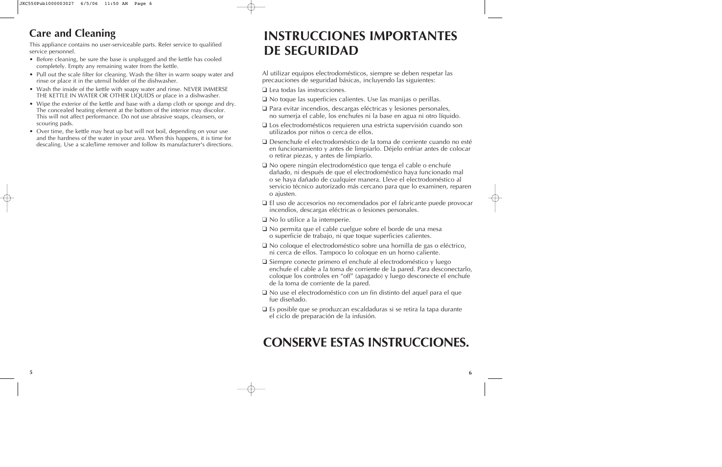 Instrucciones importantes de seguridad, Conserve estas instrucciones, Care and cleaning | Black & Decker JKC550 User Manual | Page 4 / 11