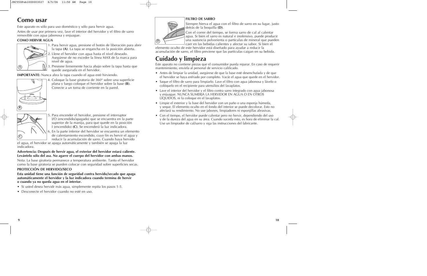 Como usar, Cuidado y limpieza | Black & Decker JKC550 User Manual | Page 6 / 11
