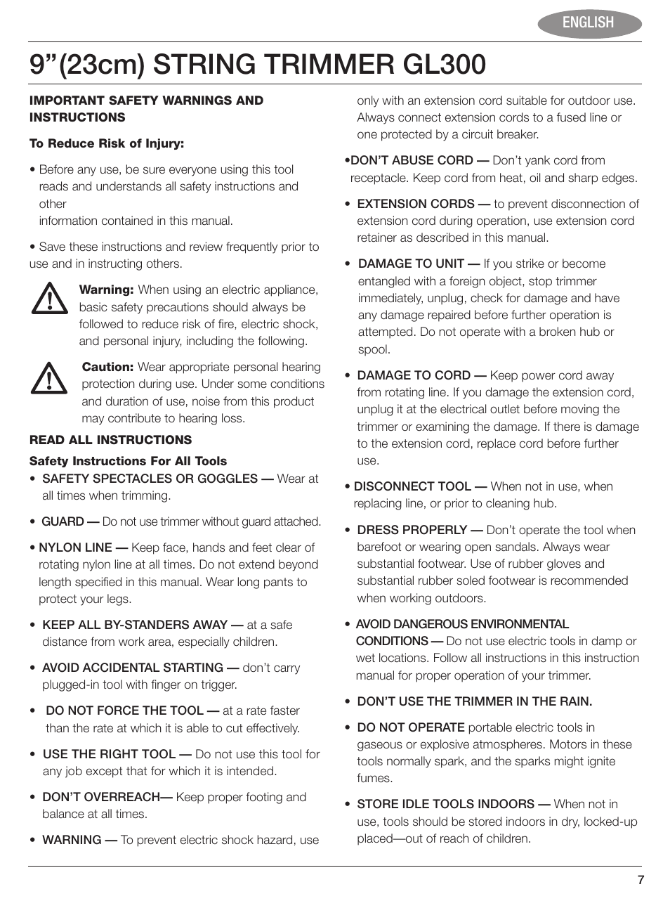 English | Black & Decker GL300 User Manual | Page 7 / 10