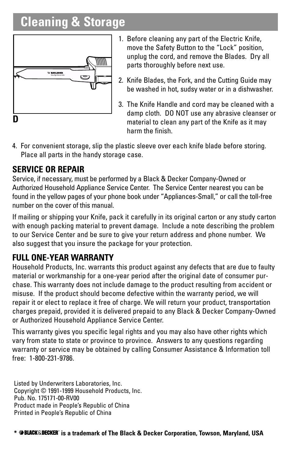 Cleaning & storage, Warranty, Service or repair | Full one-year warranty | Black & Decker EK350 User Manual | Page 4 / 4