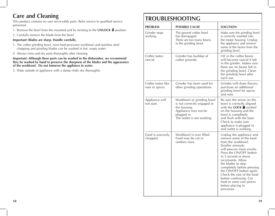 Troubleshooting, Care and cleaning | Black & Decker Spacemaker CG700 User Manual | Page 10 / 23