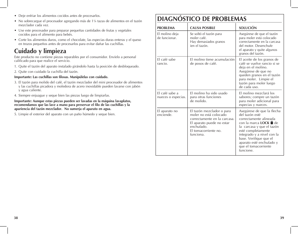 Cuidado y limpieza, Diagnóstico de problemas | Black & Decker Spacemaker CG700 User Manual | Page 20 / 23