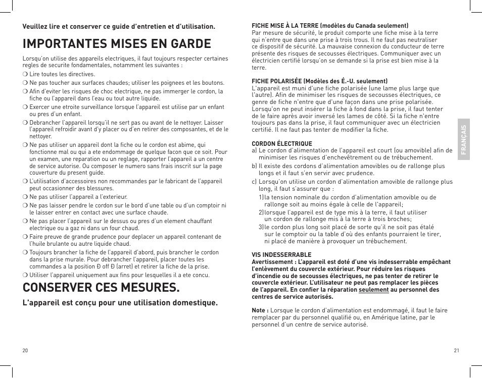 Importantes mises en garde, Conserver ces mesures | Black & Decker GR100 User Manual | Page 11 / 15