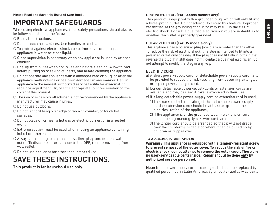 Important safeguards, Save these instructions | Black & Decker GR100 User Manual | Page 2 / 15