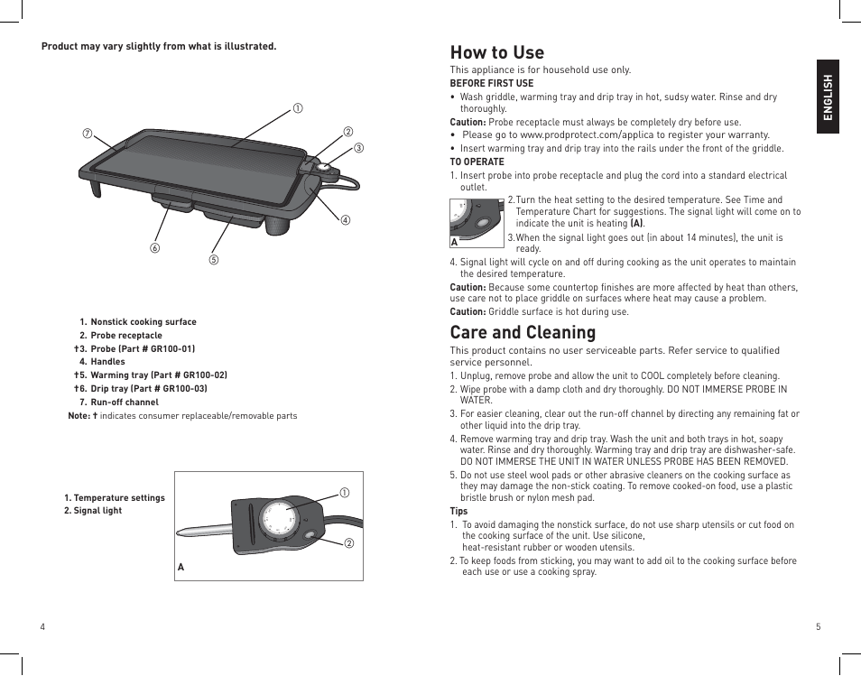 How to use, Care and cleaning | Black & Decker GR100 User Manual | Page 3 / 15