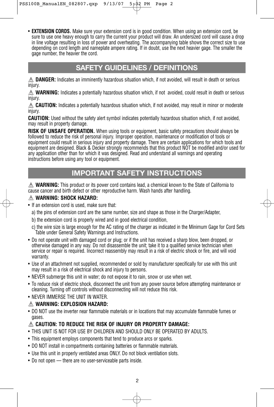 Safety guidelines / definitions, Important safety instructions | Black & Decker PSS100B User Manual | Page 3 / 11