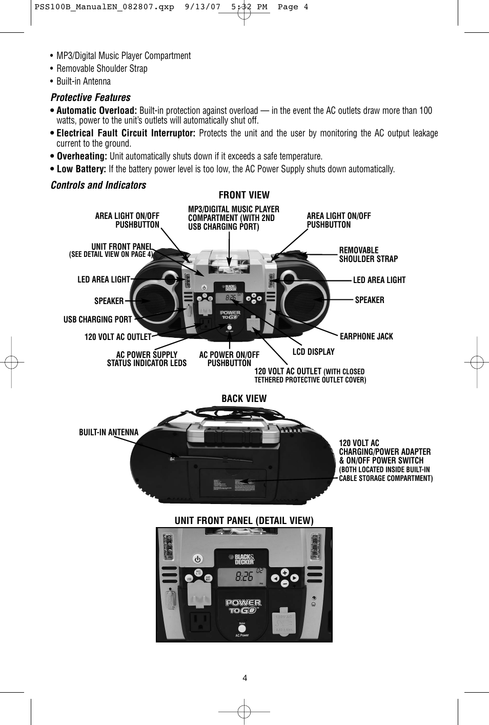 Protective features, Controls and indicators | Black & Decker PSS100B User Manual | Page 5 / 11