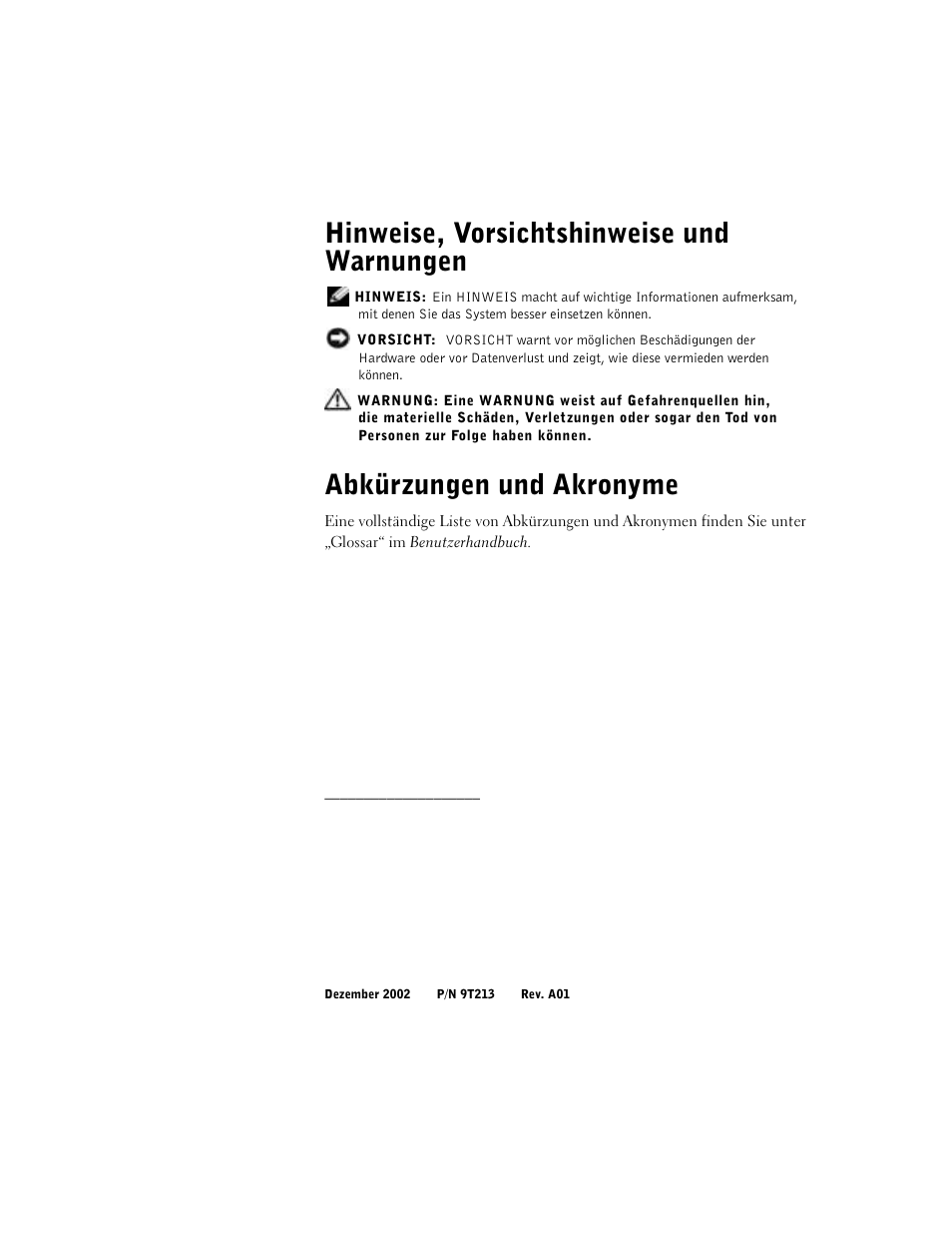 Hinweise, vorsichtshinweise und warnungen, Abkürzungen und akronyme | Dell Precision 650 User Manual | Page 104 / 260