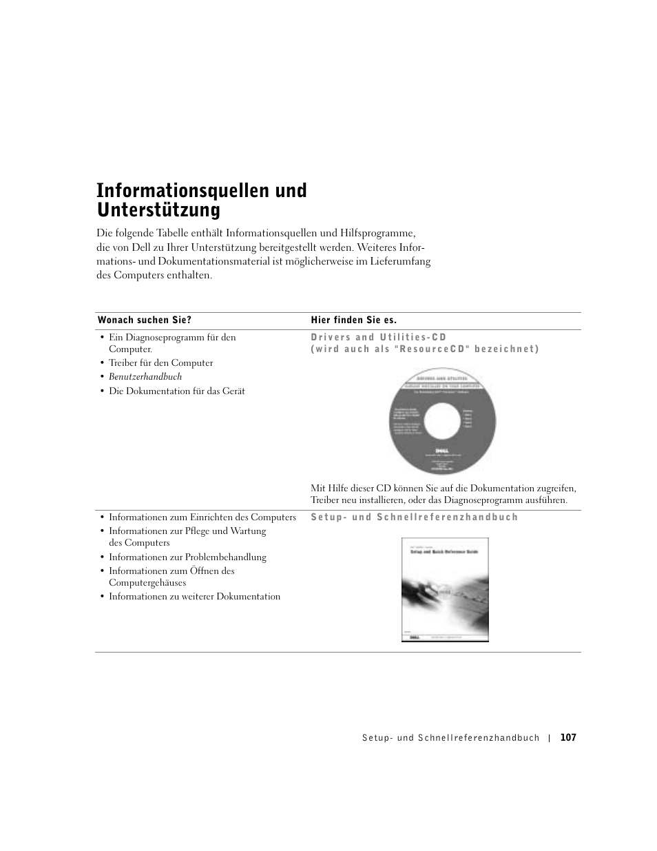 Informationsquellen und unterstützung | Dell Precision 650 User Manual | Page 107 / 260