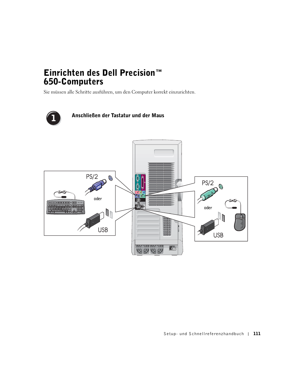 Einrichten des dell precision™ 650 computers, Anschließen der tastatur und der maus, Einrichten des dell precision™ 650-computers | Dell Precision 650 User Manual | Page 111 / 260