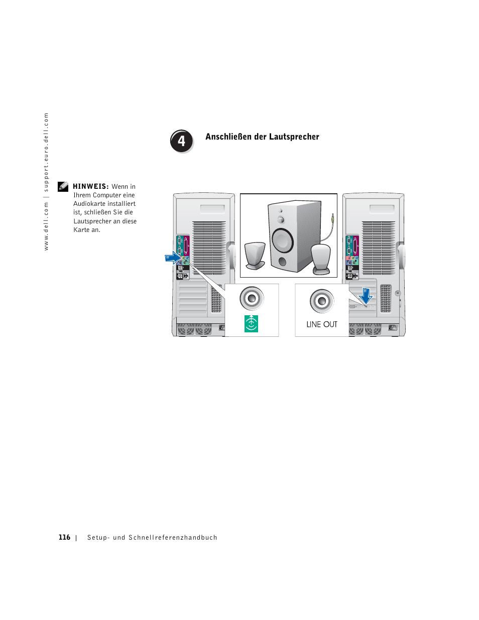 Anschließen der lautsprecher, Anschließen der lautsprecher | Dell Precision 650 User Manual | Page 116 / 260