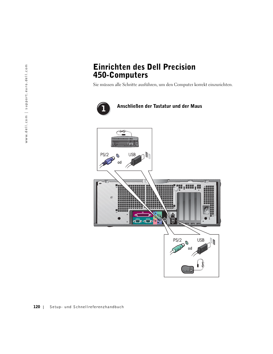 Einrichten des dell precision 450computers, Anschließen der tastatur und der maus, Einrichten des dell precision 450-computers | Dell Precision 650 User Manual | Page 120 / 260