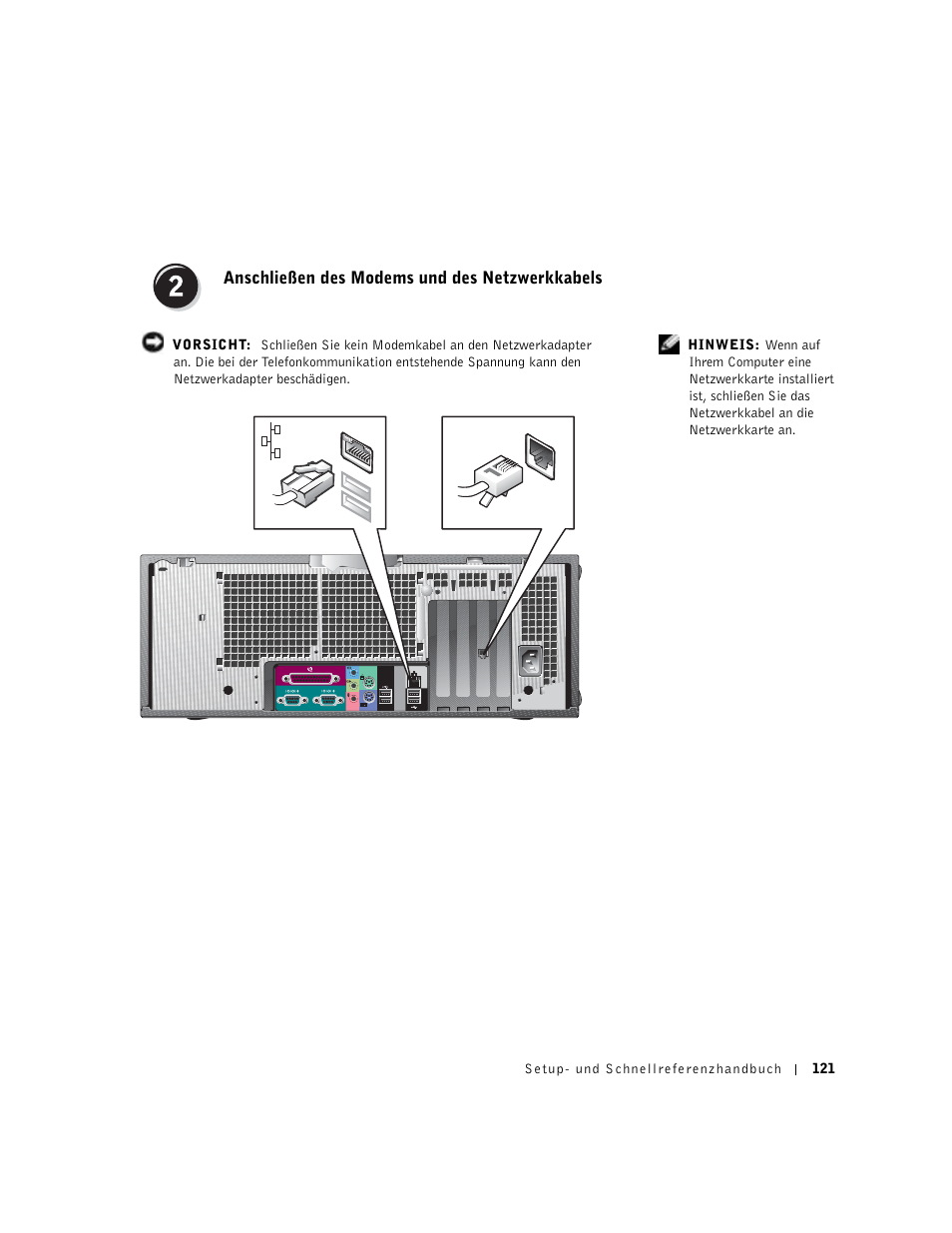 Anschließen des modems und des netzwerkkabels | Dell Precision 650 User Manual | Page 121 / 260