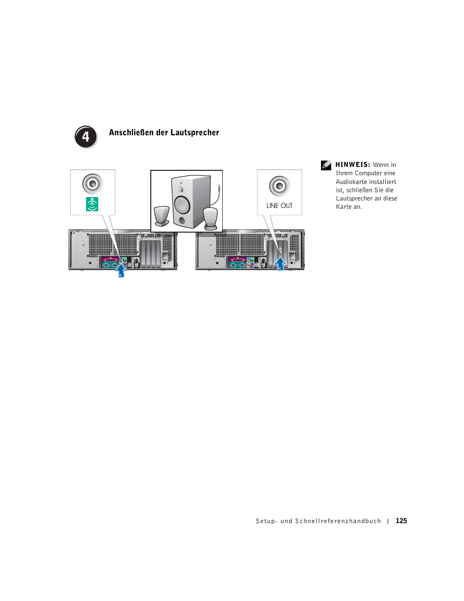 Anschließen der lautsprecher, Anschließen der lautsprecher | Dell Precision 650 User Manual | Page 125 / 260